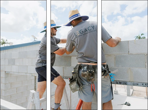 Legacy Building & Construction crew on site during a Townsville home extension — steel frame and block construction